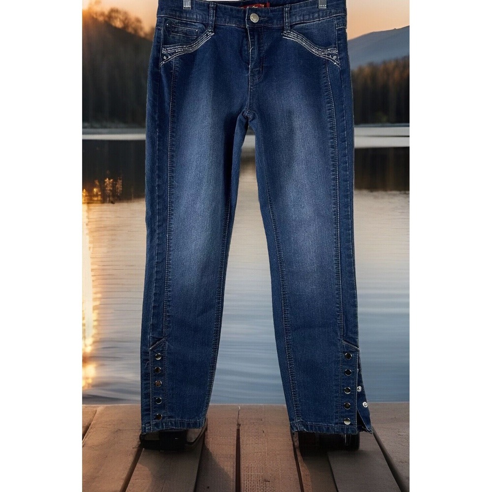 One 5 One Womens Mid Rise Crop Skinny Ankle Blue Jeans Size 8 Rhinestones